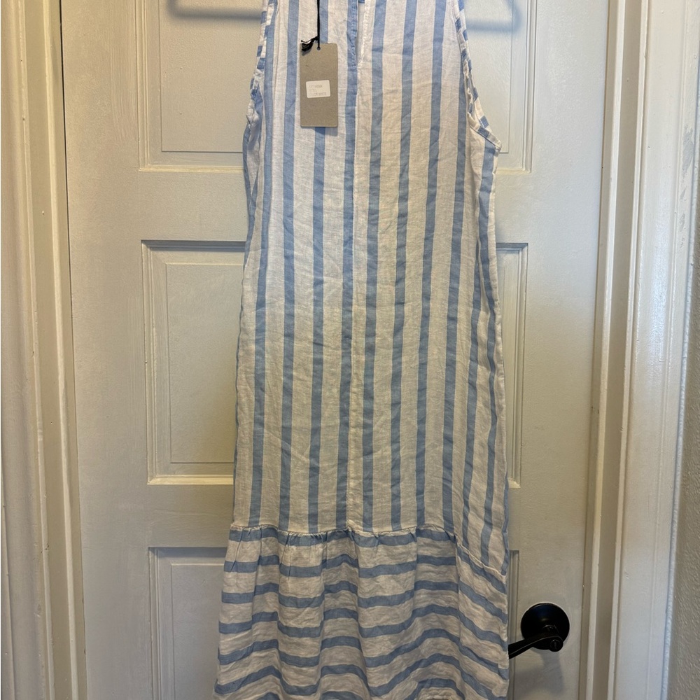 Blue and White Striped Sleeveless Dress